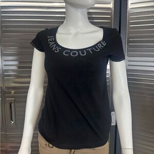 Versace Vintage Swarovski Jeans Couture Black Top Medium